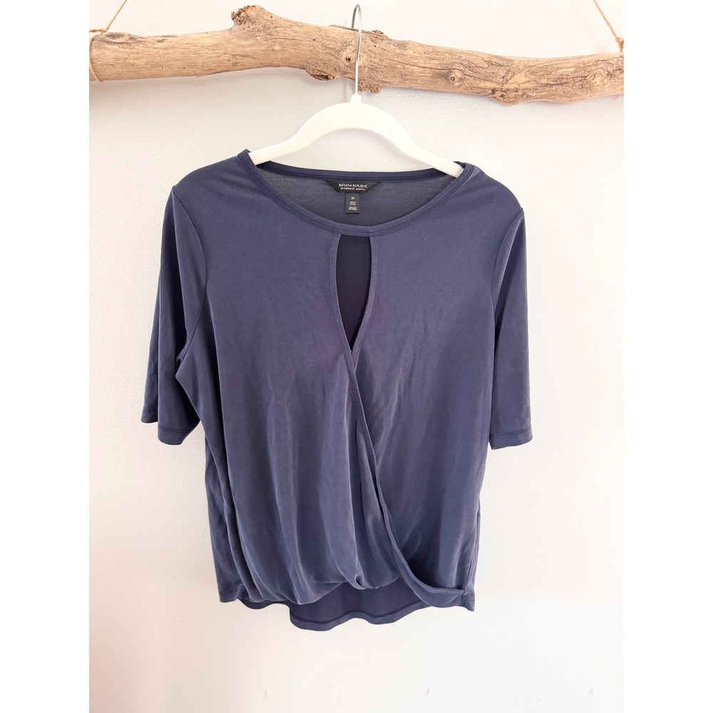 Banana Republic Navy Blue Sandwash Modal Keyhole Draped Wrap Front Top M